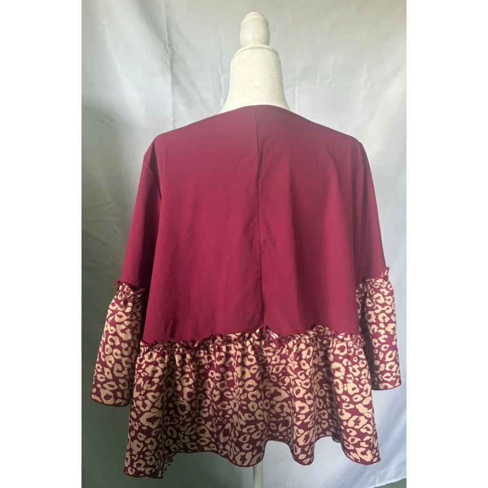 Peplum Flowy Red Blouse Leopard Print Boho Ruffle Hem Short Sleeve Plus Size
